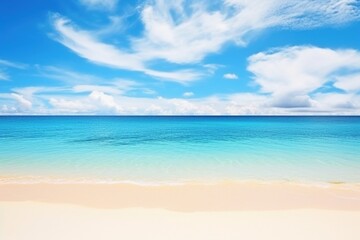 Sunny Tranquility: Embrace the Beautiful Sandy Beach with White Sand, Rolling Calm Waves, and Turquoise Ocean, Against a Canvas of White Clouds in a Blue Sky