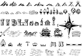 Fantasy medieval cartography map elements, vector, drawing symbols, line art illustration