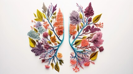 Human lungs with flower and leaves. Environmental nature eco air pollution concept. Lung respiratory chest organ. Health care, disease, cancer, pneumonia, asthma, pulmonary, world no tobacco day, stop