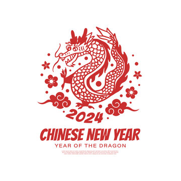 Chinese New Year 2024 year of the dragon greeting card with modern vintage illustration concept