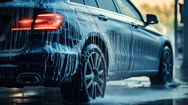 Generative AI, car wash with foam soap, high pressure vehicle washer machine sprays foam, self service
