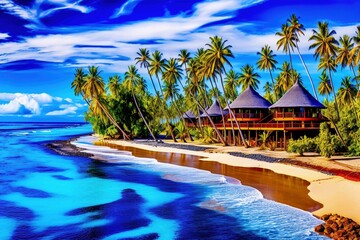 Obraz premium Sunny Tranquility: Embrace the Beautiful Sandy Beach with White Sand, Rolling Calm Waves, and Turquoise Ocean, Against a Canvas of White Clouds in a Blue Sky