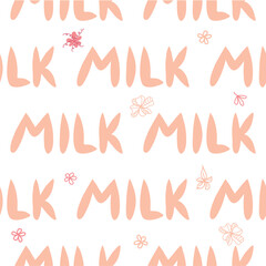 Obraz premium Dancing cow in the meadow cute seamless pattern, splashes of milk and the inscription Milk, Cow, Love. Flat