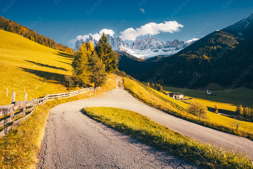 Wall mural A magical autumn day in St. Magdalena village. Dolomites, Italy, Europe.