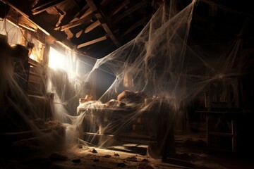 Obraz premium Cozy Room with a Dreamy Bed and Spooky Attic Cobwebs Generative AI
