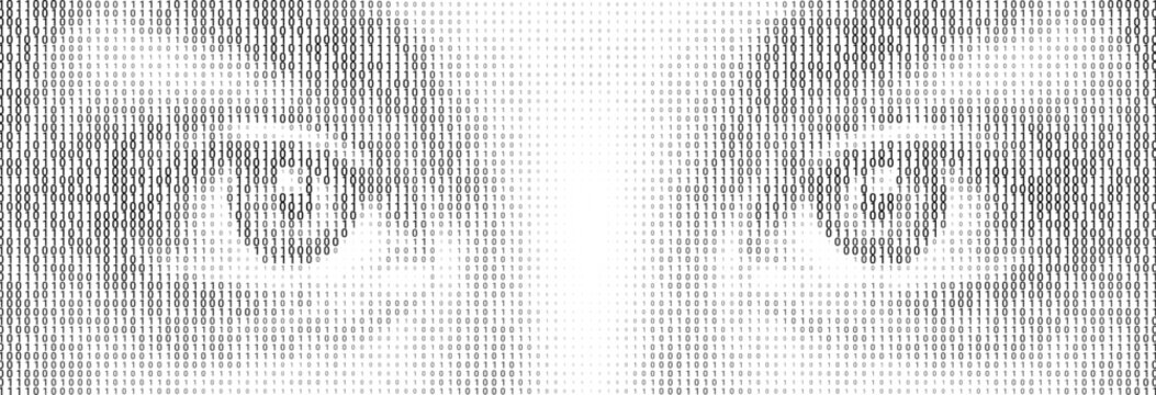 Halftone letter binary code pattern forming a pair of eyes. black letters on white. Coding language symbols forming a human form. Artificial intelligence technology futuristic background.