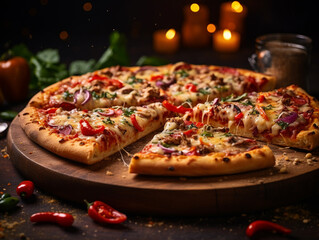 14-inch delicious pizza on wooden plate on bokeh background. 