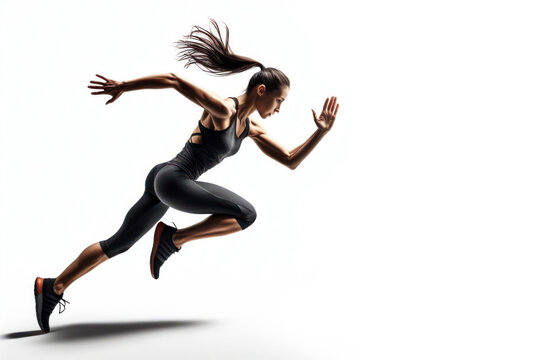 Enthusiastic female runner practicing running with determination isolated on white background.