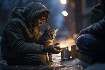 A hooded figure feeds a cat on a snowy sidewalk, finding companionship in the urban winter.
