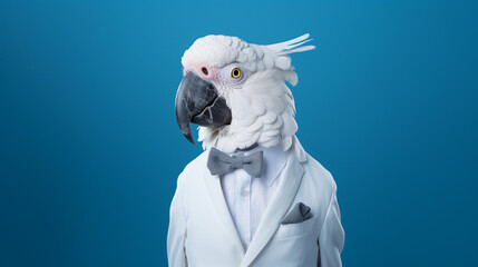 elegant white parrot in a white tuxedo and tie on a blue background with space for text