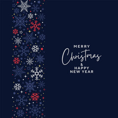Fototapeta na wymiar Merry Christmas And Happy New Year Greeting Card Design Template with Snowflake Border on Blue Background. Holidays, Xmas Vector Illustration