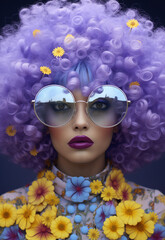 Portrait of a purple woman with sunglasses and flowers dress. Purple spring composition.