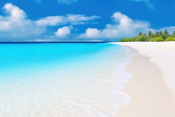 Obraz premium Seaside Serenity: Find Solace in the Tranquil Beauty of a Perfect Coastal Scene, with a Sandy Beach, White Sand, and the Calm Turquoise Waves Against a Blue Sky