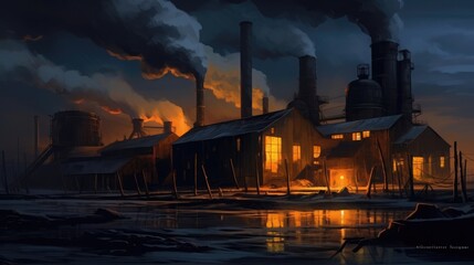 Fototapeta premium Power plant with smoking chimneys on a background of blue sky. Factories release CO2 into the atmosphere. Concept of carbon trading market. Atmospheric pollution, air pollution concept