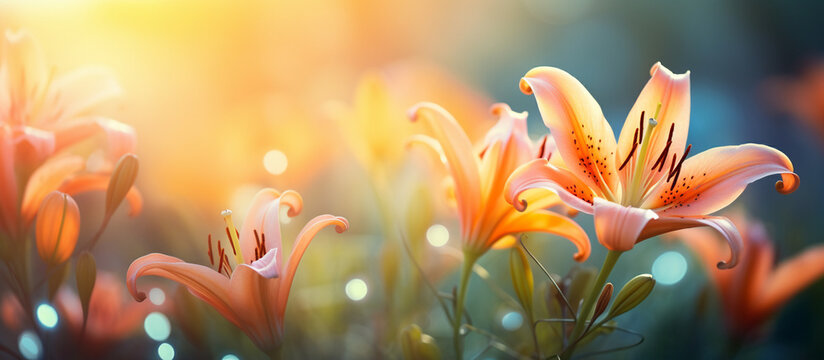 Beautiful orange lilies on sunset background and blurred spring background