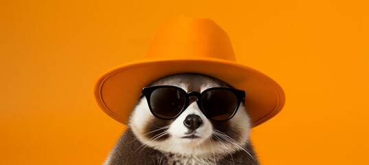 Studio shot of panda in sunglasses and hat, travel concept with pastel background and copy space