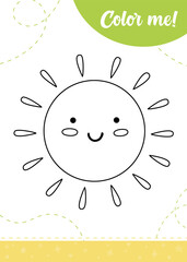 Coloring page for kids with cartoon sun.
A printable worksheet, vector illustration.

