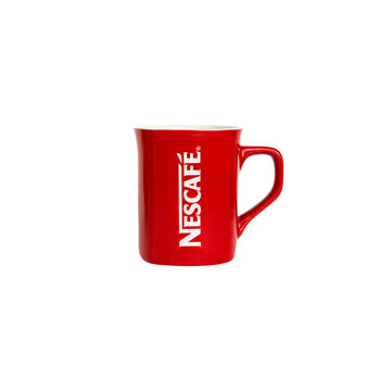 Red branded cup with Nescafe logo with transparent layer