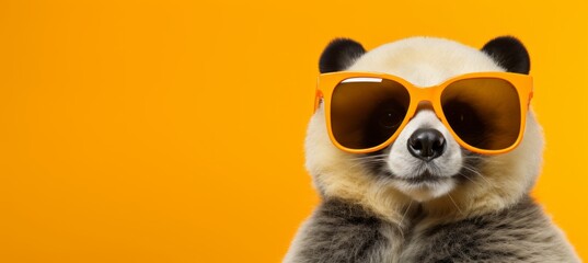 Adorable panda wearing sunglasses and hat on pastel background with copy space for text placement