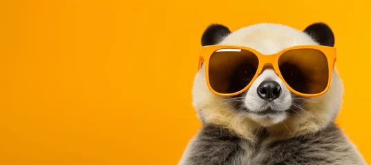  Adorable panda wearing sunglasses and hat on pastel background with copy space for text placement © Ilja