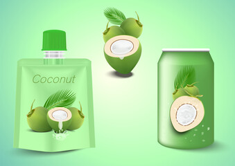 Packaging with green coconut water drink on green background. Vector illustration EPS 10.