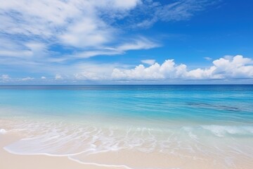 Idyllic Waterscape Haven: Discover the Perfect Natural Landscape with a Beautiful Sandy Beach, White Sand, Rolling Calm Waves, and the Vibrant Colors of a Tropical Island