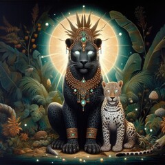 Egyptian mythology background with leopards