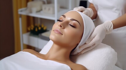 Fototapeta na wymiar A woman undergoing facial mask spa therapy in a beauty salon