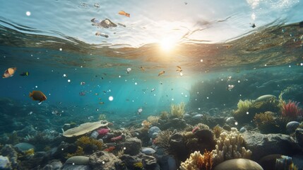 Plastic bottles and waste washed up on a beach. Micro plastic sea pollution. Generative AI