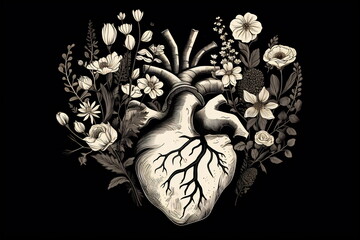 Valentines day card. Anatomical heart with flowers. Black and white ink illustration - obrazy, fototapety, plakaty