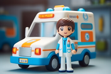 a cartoon plastic doctor in uniform rides in an ambulance. Paramedic