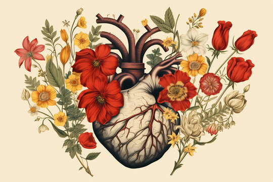 Valentines day card. Anatomical heart with flowers.