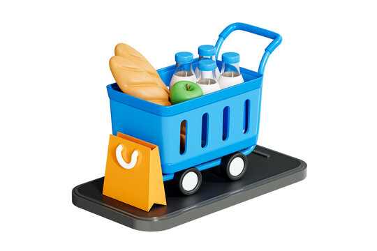 3D Online Grocery Shopping. Mobile phone with shopping cart full of products. Home delivery from supermarket. Food market in smartphone. Cartoon creative design icon isolated png. 3D Rendering