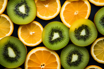 background of flat slices of orange, lemon and kiwi. Fresh fruit