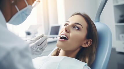 portrait of young woman with open mouth lying in dentist chair - obrazy, fototapety, plakaty