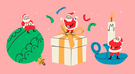 Little Santa Claus sitting on a big Christmas toy, standing on a gift box and candle. Hand drawn modern Vector illustration. Isolated design elements. Party decoration, new year celebration concept
