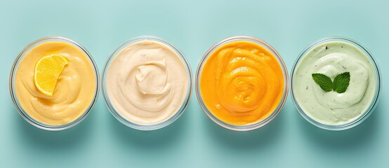 Four Varieties of Mayonnaise Displayed Neatly in a Row Created With Generative AI Technology