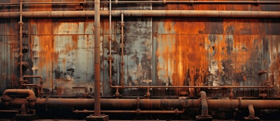 A Rusty Metal Tank with a Network of Pipes and Tubes Created With Generative AI Technology - obrazy, fototapety, plakaty