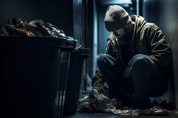 A forlorn homeless man rummages through a trash bin in a dimly lit alley, a stark portrayal of urban poverty and desperation