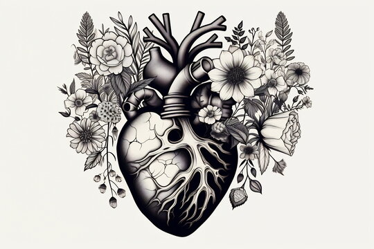 Valentines day card. Anatomical heart with flowers. Black and white ink illustration