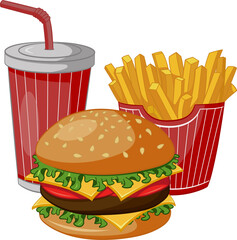 Fast Food Set with Burger, French Fries, and Glass of Soft Drink. Vector Illustration of Delicious Food. Cafe or Restaurant Menu Design.