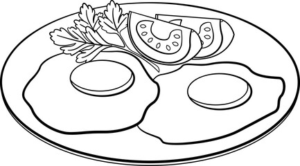Scrambled Eggs and Tomatoes on a Plate for Coloring. Delicious Healthy Breakfast. Vector Illustration of Delicious and Nutritious Morning Food.