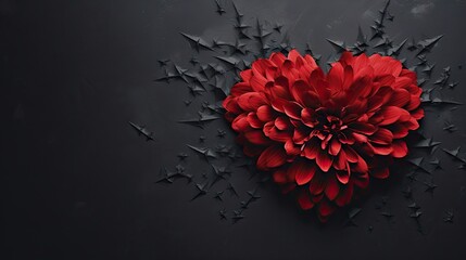  a heart - shaped red flower surrounded by black stars on a black background with a red center surrounded by smaller black stars.