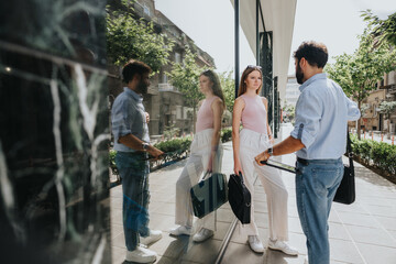 Entrepreneurs discuss business expansion in the city center, planning for growth, profitability, and new projects. They strategize for market expansion, networking outdoors.