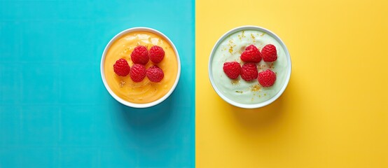 A Delicious Combination: Yogurt and Raspberries, a Perfectly Balanced Breakfast! - obrazy, fototapety, plakaty