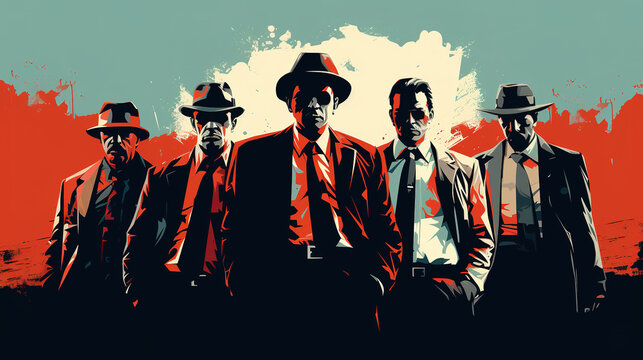 Illustration of cool looking group of gangsters or mafia in mixed grunge color pop art style.