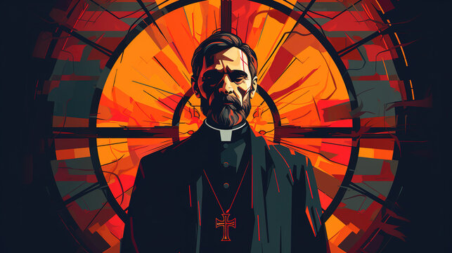 Illustration of cool looking Christian priest or pastor in mixed grunge color pop art style.