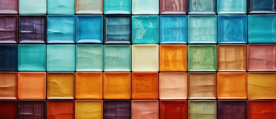 A Vibrant Kaleidoscope of Colors Reflected in a Glass Tile Wall - obrazy, fototapety, plakaty