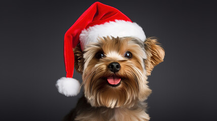 Cool looking yorkshire terrier dog wearing santa hat isolated on clean background.
