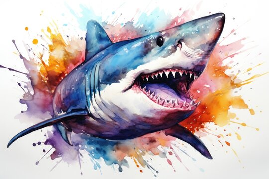 watercolor Shark Hungry shark illustration with splash watercolor textured background